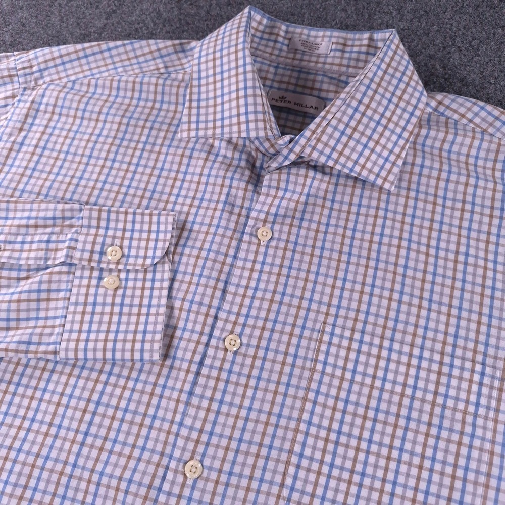 Peter Millar Mens XL Blue Brown Check Cotton Button Down Shirt MS17W104CSL